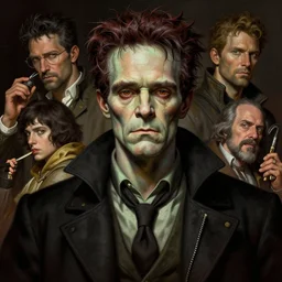 frankenstein portrait by Frazetta and Jamie Hewlett and Goyo Dominguez and Brom, higly detailed, octane render