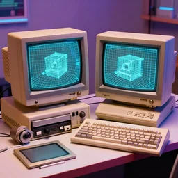 color 2 0 2 2 digital photo of a kitschy retrofuturistic personal - computer designed in the 1 9 7 0 s, in a workshop. it has two crt monitors displaying a wireframe models, and has a magnetic - tape reader, a pen tablet, and a mechanical keyboard. cassette futurism ; retrofuturism.