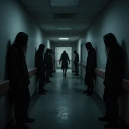 a scary hallway that never ends that resembles a hospital with silhouettes of demons in the shadows, realistic, dark, horror, scary, eerie, obnoxious