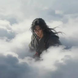 a demigod peeking through the clouds, fog, digital painting, trending artstation