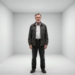 3 d render of scared walter white standing in a white room with no escape,