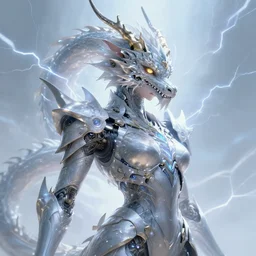 portrait of dragon in cyber armor, dreamy and ethereal, expressive pose, gold eyes, fantasy, intricate, elegant, many lightning, cold color, highly detailed, digital painting, artstation, concept art, cyberpunk wearing, smooth, sharp focus, led, illustration.
