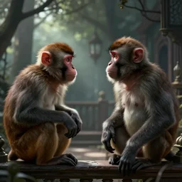 two macaques looking at each other inside victorian mansion, digital art, soft shadows, creepy art, flare effect