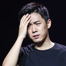 confused man on stage, closup,