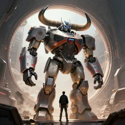 large robot with bull horns next space portal. grand. sci - fi scene by pedro correa and william gibson r / characterart