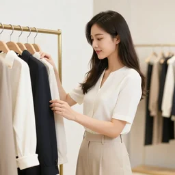 A pretty young woman modeling clothes from a high-end fashion designer.