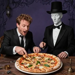 A pizza seance, by Raphael Hopper, and Rene Magritte. Extremely Highly detailed, Occult, funny, humorous, humor, hilarious, funny, entertaining, magical, trending, influencer, Trending on artstationHQ