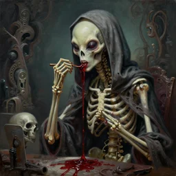 a hiper intricate oil portrait of an alien skeleton godess in hood eating blood, excelent composition, wide shot, by zdzislaw beksinski, intricate, horror atmosphere, unreal engine 5 highly rendered, global illumination