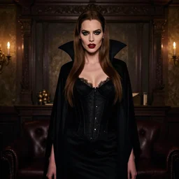 supermodel stephanie seymor as a vampire in a dim lit room