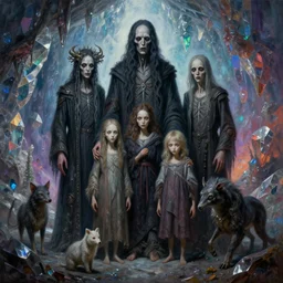 painting of a creepy family wearing long robes, highly detailed, intercrossed humans, mixed animal, in a beautiful crystal caverine, by giger, zdzislaw beksinski, frank frazette, cold hue's, amazing colorful background, digital art, concept art, animal painting, beautiful composition 3 - d 4 k,