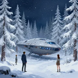 one large alien spaceship on the snowy ground in a forest of white fir trees at night. snowing. cyril roland. jim burns. naomi okubo. trending on artstation. digital painting.