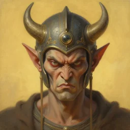 breathtaking soft painting of angry demon with an intricate retrofuturistic helmet in a golden sky, realistic symmetrical face features, rembrandt style, elegant, highly detailed, artstation, concept art, matte, sharp focus, art by tom bagshaw, and greg rutkowski
