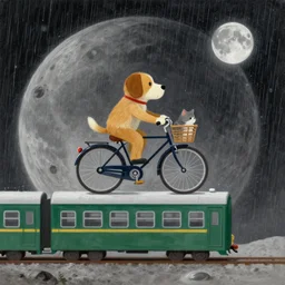 painting of a dog riding a bicycle on top of a train, raining, on the surface of the moon, cat in bicycle basket, trending on artstation