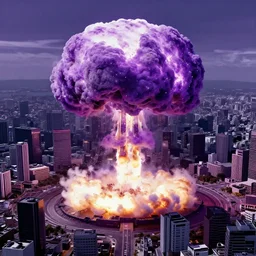 a mushroom cloud formed by an h - bomb explosion in the middle of tokyo, purple colors, in the combination of daft punk style and akira style, popular on artstation, unreal engine, aerial photo, nvidia graphics,.