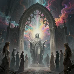 [ palate ] [ nebulous energy ] [ muted colors ] soul spirits congregating in front of an intricate giant gothic gateway in purgatory, paisley synapse cloud pattern, god at the gate, vibrant neon nebulous clouds, symmetrical details, hyper realistic illustration, radiant light rays, photorealistic illustration, intricate and fine details, volumetric lighting, artstation