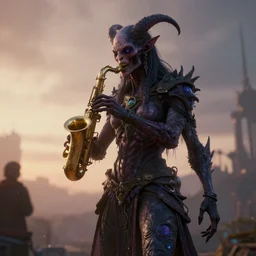 new age jazz daemon at dawn, dripping with cosmic terror, unreal engine 5 render art directed by michael whelan and david mattingly, candid photography, highly detailed, 8 k uhd, unreal engine 5, character concept, 8 k hyperdetailed matte painting, artstation