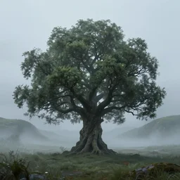 photo of mildly glowing ygrdasil tree on a foggy grass field with hills in the backgrkund. very detailed, 8k, fantasy cyberpunk horror