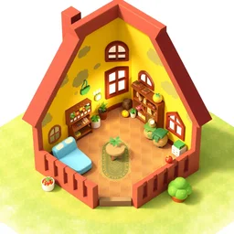 isometric render of the inside of a fruit themed house in animal crossing : new horizons
