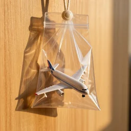 a toy airplane inside a transparent bag hanging from a wooden wall, high quality, sigma 8 5 mm, detailed, golden hour