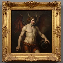 renaissance oil painting of satan, intricately detailed golden frame