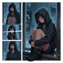 outdoors : sadie sink in hoodie sits on windowsill, knees tucked in | rain falls at night : storyboard panel, scifi cyberpunk. by gabriel hardman, joe alves, chris bonura. cinematic atmosphere, detailed and intricate, perfect anatomy