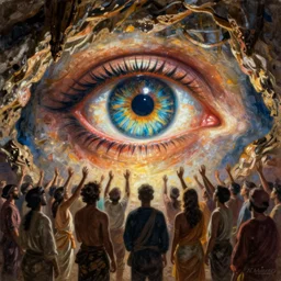 a cave painting of a giant eye looking down on a crowd of people