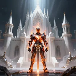 flaming knight warrior with sword ::3 standing infront of a white citadel ::2 , dark souls 3 style art, cinematic, wallpaper, surreal, ethereal, unreal engine, ultra graphics, ray tracing, light rays shining