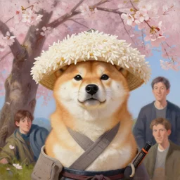 anthropomorphic shiba inu as a samurai wearing a rice hat, under a sakura tree by greg rutkowski, chris tulloch mccabe and asher duran, ultra realistic, oil painting