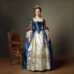 full body portrait of a young german princess standing by a chair by Franz Xaver Winterhalter and Andreas Herman Hunæus painted in the 1860s, romanticism, vivid, fancy, beautiful face, rococo, clear, coherent