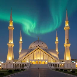 abuja national mosque nigeria at night with the northern lights in the sky
