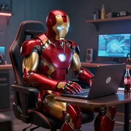 iron man sit on chair and play laptop in gamer room, chips and coke on table, trending on artstation, highly detailed, digital art, 8 k