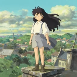 a anime girl standing on the high building with flowing hair on the wind symetrical face studio ghibli style - n 9