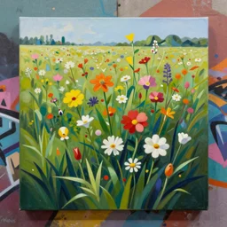 Field of Flowers painting by Sachin Teng, asymmetrical, Organic Painting , Hard Light and long shadows, Matte Painting,  geometric shapes, hard edges, graffiti, street art, 300 dpi :2 by Sachin Teng:4