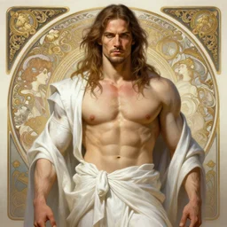 portrait of russell brand, d & d, muscular! fantasy, white robes! intricate, elegant, highly detailed, digital painting, artstation, concept art, smooth, sharp focus, illustration, art by artgerm and greg rutkowski and alphonse mucha