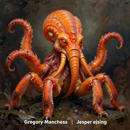 zoological portrait of orange cthulhu by gregory manchess in the style of jesper ejsing