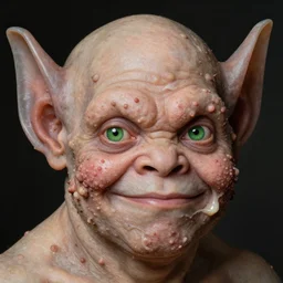close up portrait of a mutant monster creature with cheeks covered in purulent pustules, pimples at different stages, some fresh, some bursting with a whitish fluid ; pleasant, flirty green eyes, very large transparent bat ears. jan van eyck, walton ford