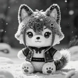 cute fumo plush of a popstar wolf girl, anime girl, idol, tomboy, artstation, bubblegum pop, black and white, snowing, canine, vray