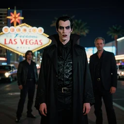 35mm photograph of a darkwave vampire on the Las Vegas strip at night by tomer hanuka and tom bagshaw, cinematic, hyper realism, high detail, octane render, 8k, trending on artstation, CGsociety, concept art, kodak portra