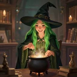 happy nathalie emmanuel as a witch, long green hair, cozy atmosphere, urban fantasy, cauldron, library, bokeh highly detailed, qichao wang, artgerm, cushart krenz, zeronis, trending on artstation, soft light, sharp edges, illustration, character design, concept art