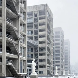 snow falling on brutalist high rise monasteries, complex towers, walkways, skybridges, high rise, tower block, stairways, white marble statues on pedestals in the background, depth of field, sharp focus, clear focus, beautiful, award winning architecture, le corbusier, frank lloyd wright, snow, fog, mist, hopeful, quiet, calm, serene
