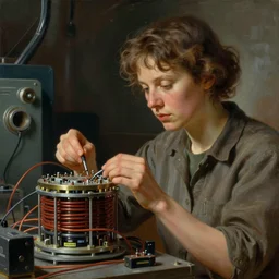 portrait of an engineer woman fixing the samsara core cluster, fine portrait, concept art, in the style of brecht evens