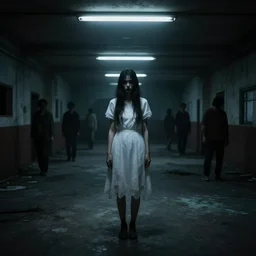 creepy woman wearing white dress standing with shadow aura in the backrooms, psychological horror, the eerie forlorn atmosphere of a place that's usually bustling with people but is now abandoned and quiet, buzzing fluorescent lights above the ceiling, unsettling images, liminal space, dark