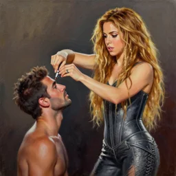 oil painting of the singer shakira building a man