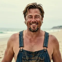 far view, extremely fat obese brad pitt with long beard, wearing dirty overalls, dirty greasy face, on the beach, grin, portrait, close up, kodak gold 2 0 0, 5 0 mm,