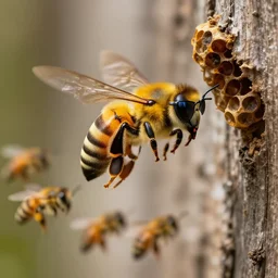 a powerful bee, strong, muscles, wearing sunglasses, flying back to hive in a wood scenery, photo realistic, small bees following the leader