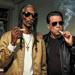 A beautiful, stunning, extremely detailed comic book illustration by John Higgins showing Snoop Dogg and Danny De Vito smoking a joint