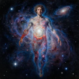 a giant man floating among the stars. he is made of galaxies and nebula and a million sparkling stars. dramatic light and dark, colorful. beautiful well composed painting with detailed face by artgerm and greg rutkowski and alphonse mucha.