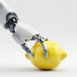 a lemon with robotic limb prostetic, photorealistic