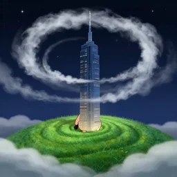 nightscape chubby cartoon concept art, skyscrapper over a grass spiral hill, spiral clouds, liquid smoke
