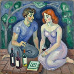 couple, man, woman, deck, wine, book, auburn hair, by robert delaunay endless rhythm